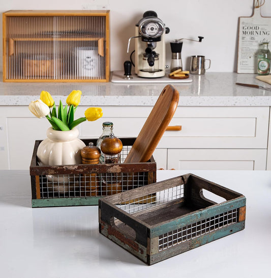 TIMRIS Set of 2 Rustic Wooden Countertop Baskets, Farmhouse Distressed Nesting Boxes, Small Decorative Wooden Storage Crates, Reclaimed Wood Organizer Baskets with Wire Mesh (Random)
