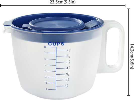 8 Cup Measuring Cup with Splash Guard Lid, BPA-Free Plastic Mixing Bowl for Baking, Pancakes & Meal Prep, Clear Accurate Measurement Marks