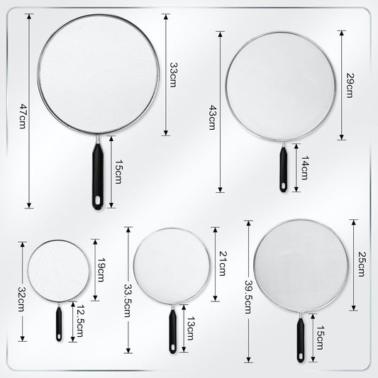 Gisafai 5 Pcs Splatter Guard Set for Frying Pan 13'' 11.5'' 10'' 8.3'' 7.5'' Metal Grease Oil Splatter Screen Fine Mesh Cover Stove Oil Guard with Comfort Grip Handle for Most Pan Pot Safe Cooking