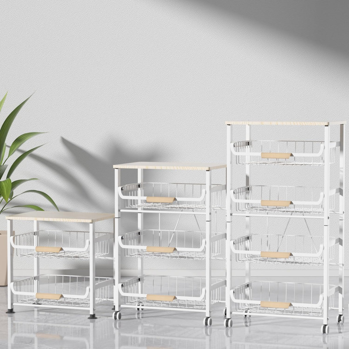 JAQ Slide Out Fruit Vegetable Basket for Kitchen, 4-Tier Rolling Storage Cart with Wooden Handle & Top, Metal Wire Produce Rack for Pantry Organization, Onion Potato Storage Bins for Small Space,White