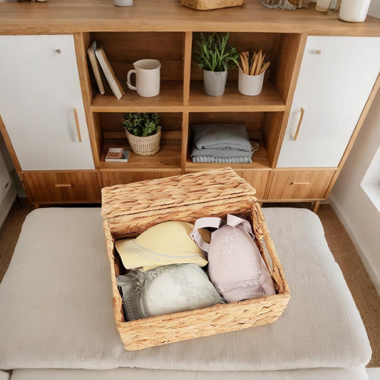 Wicker Storage Baskets for Organizing 3 Pack,Natural Water Hyacinth Ratten Baskets with Wooden Handles, Decorative Handwoven Storage Baskets for Shelves, Bathroom, Pantry or Kitchen