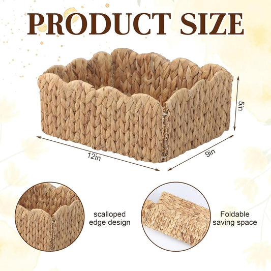 Potchen 6 Pcs 12 x 9 x 5 Inch Scalloped Water Hyacinth Storage Baskets, Rectangular Wicker Storage Baskets for Shelving, Natural Foldable Woven Pantry Organizer for Organizing