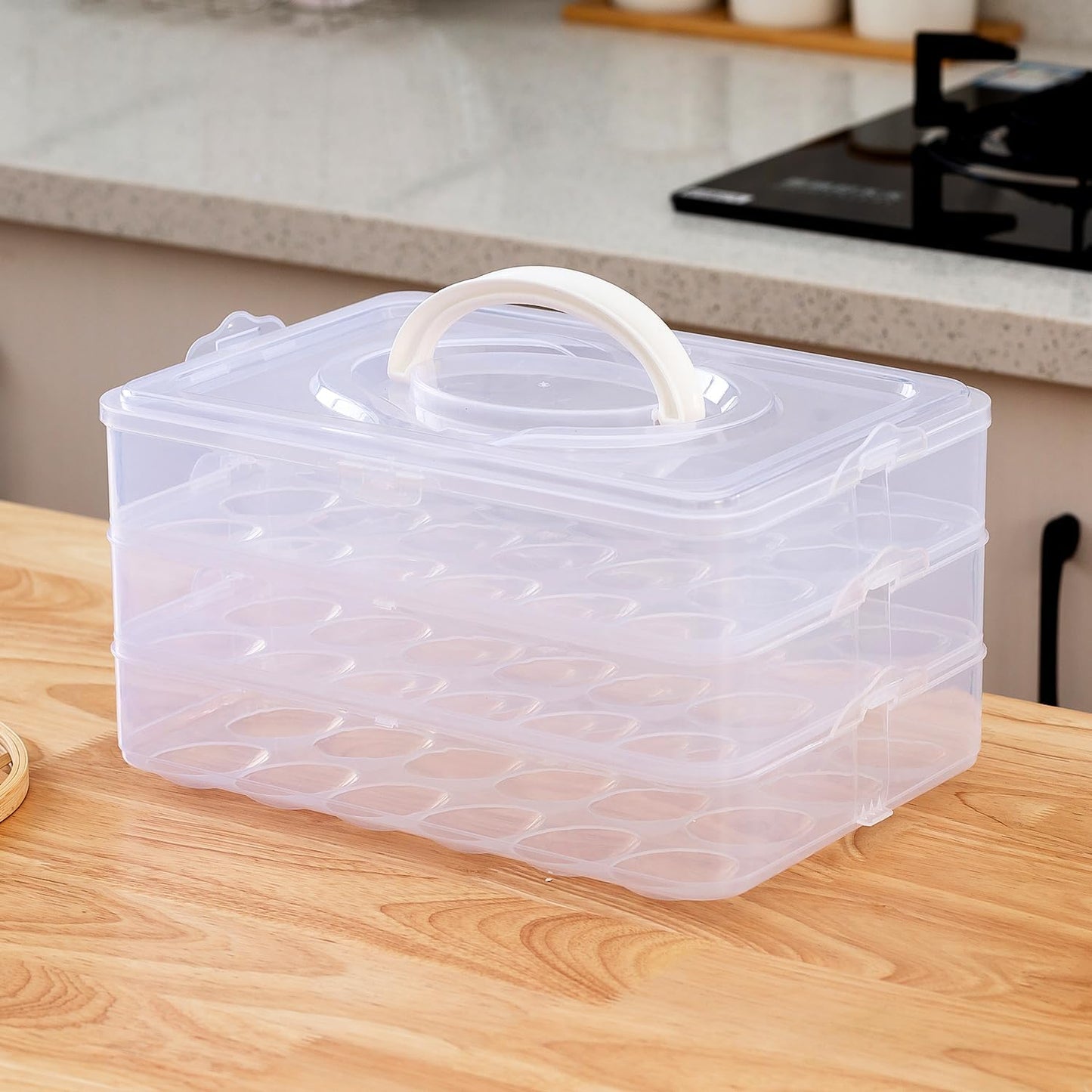 Sooyee Egg Holder for Refrigerator, 3-Layers 72 Deviled Egg Tray with Lid Egg Carrier Box Dispenser Container with Handle for Eggs 72 Count