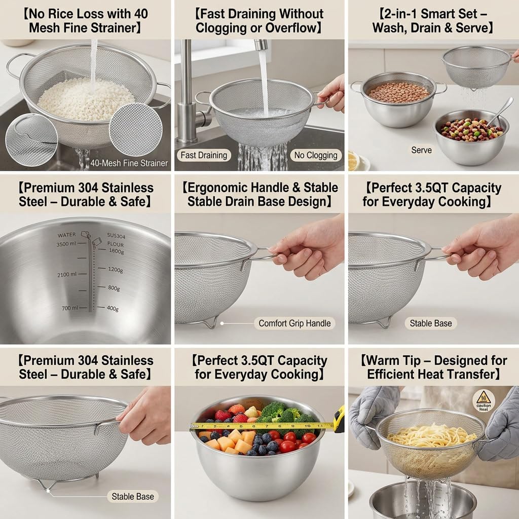 18/8 Stainless Steel Colander with Mixing Bowl, 1.5QT