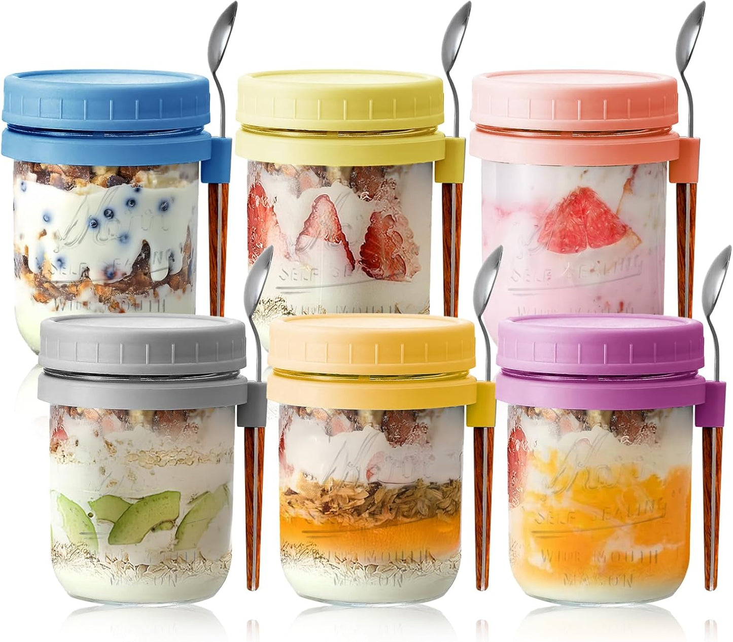6 Pack Overnight Oats Containers with Lids and Spoons - 16 Oz Glass Mason Jars for Overnight Oats Airtight Jars Leak Proof Oatmeal Container Meal Prep Jar for Yogurt,Milk,Cereal,Fuirt,Salad