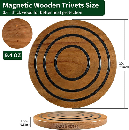 8 Inch Magnetic Wooden Trivet, Acacia Wood Pot Holder with Silicone Rings