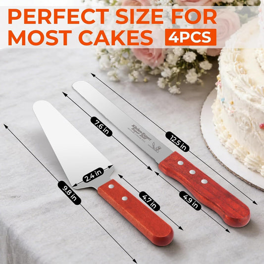 4-Piece Cake Cutting Set for Wedding, with 2 Knives & 2 Servers, Wood Handle and Stainless Steel Cake Cutter & Pie Spatula for Birthday, Anniversary, Christmas Parties