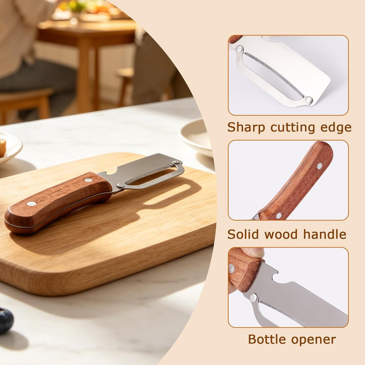 3 PCS Peeler with Wooden Handle, Bottle Opener, Vegetable Fruit Skin Peeling, Stainless Steel Blade Kitchen Tool
