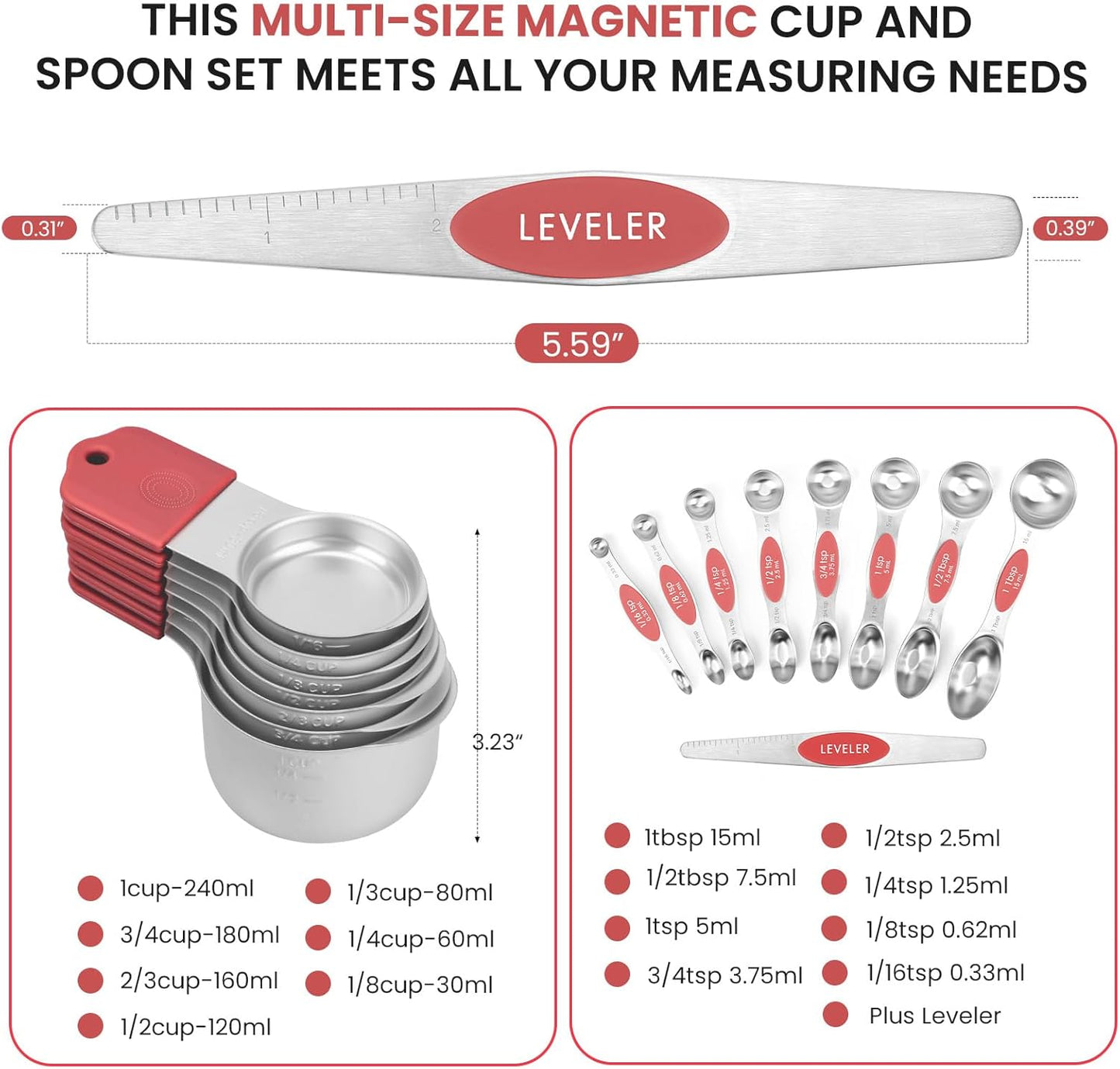 Magnetic Measuring Cups and Spoons Set-Heavy Duty 304 Stainless Steel,Double Measurement Markings,Set of 16 with Leveler for Measure Dry and Liquid Ingredients (Black)