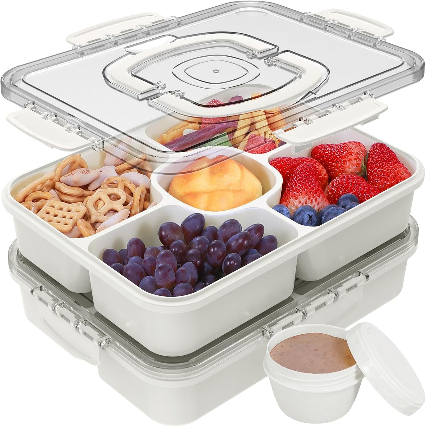 Caperci Large Portion Snackle Box Container - 5 Compartments Veggie Fruit Snack Divided Serving Tray with Lid and Dip Container for Party Picnic, Leak-Proof, Dishwasher Safe, BPA-Free (10.7 Cups)