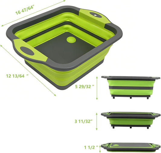 3-in-1 Folding Cutting Boards, Collapsible BBQ Prep Tub with Lid, 9L Container with Strainer, PP+TPR Material Cutting Board, Chopping Board Folds to 1.5Inch Slim for RV, Camping & Small Kitchen