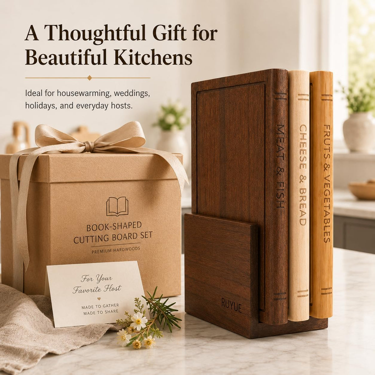 Book Shaped Cutting Board Set, 3 Boards, 13 x 10 x 0.8 Inches, Walnut Stand