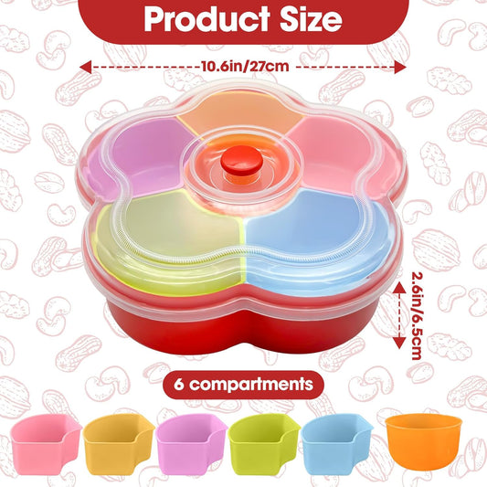 Snack Serving Tray, 6 Compartments Divided Snackle Reusable Veggie Container with Lid, Colored Flower Shaped Large Fruit Trays, Candy and Nut Snack Tray Appetizer Platter for Party, Travel