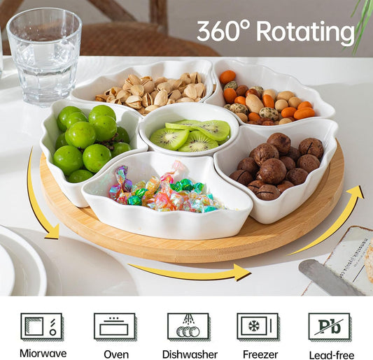 7-Piece Divided Serving Tray Set for Party, 12-Inch Rotating Serving Tray for Dining Table with Removable Dividers, Lazy Susan Platter for Charcuterie, Appetizers & Snacks