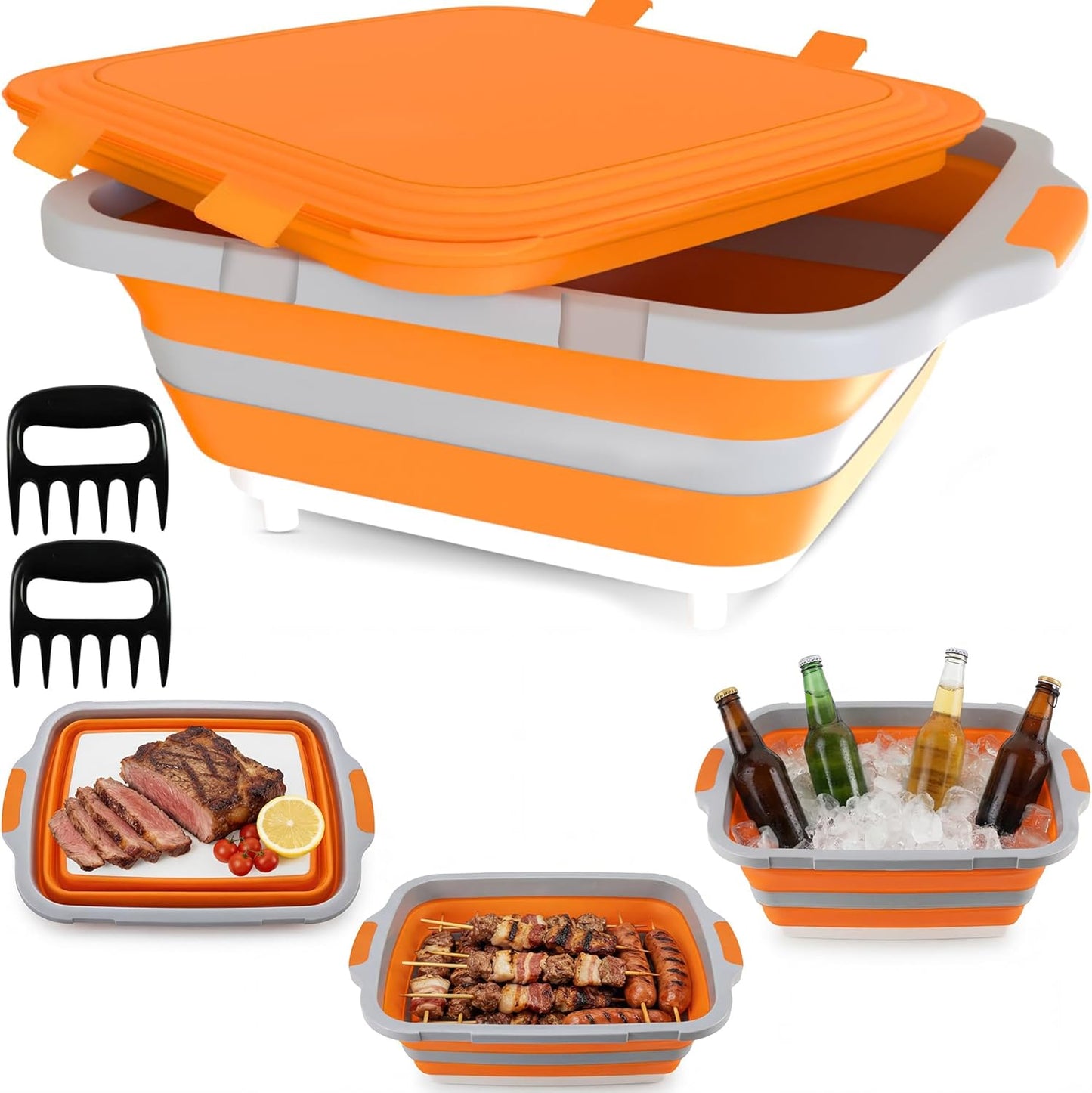 MAYALEAD BBQ Prep Tub with 2 Pcs Meat Shredder Claws, Collapsible Cutting Board, Cutting Board with Locking Lids, Drip Easy BBQ Prep Tub with lid-XL Size (Black)