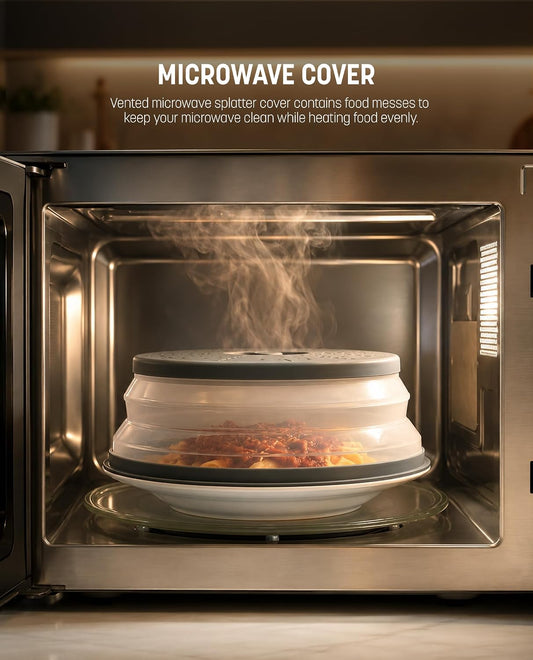 Gevoli Collapsible Microwave Splatter Cover with Strainer Draining Base (Gray)