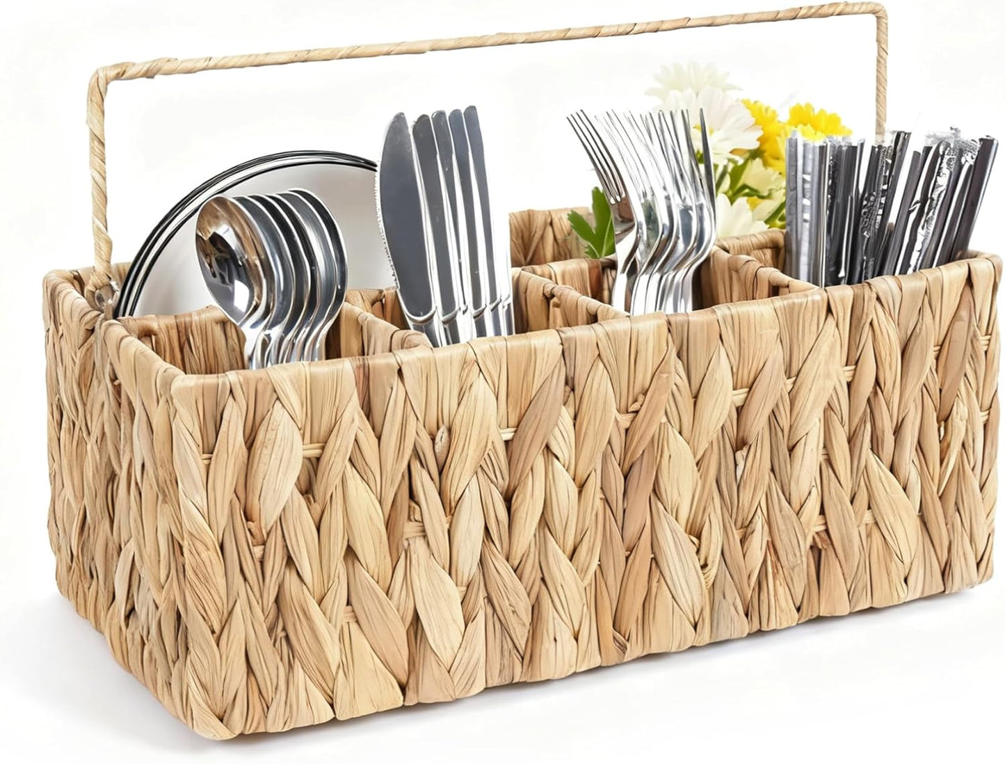 Wicker Silverware Organizer Basket,Hand Woven Kitchen Utensil Holder with Handles,Flatware Storage Caddy for Countertop Dining Picnic Party Table,Natural Cutlery Caddy for Plates,Napkins&Utensils