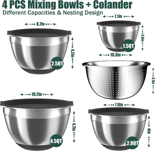 Mixing Bowls with Lids Set, 16PCS Stainless Steel Mixing Bowls,Nesting Storage Bowls for Kitchen with Mixing Bowls Set, Colander, Strainer & Grater , Metal Salad Bowl for Kitchen Gadgets , Cream