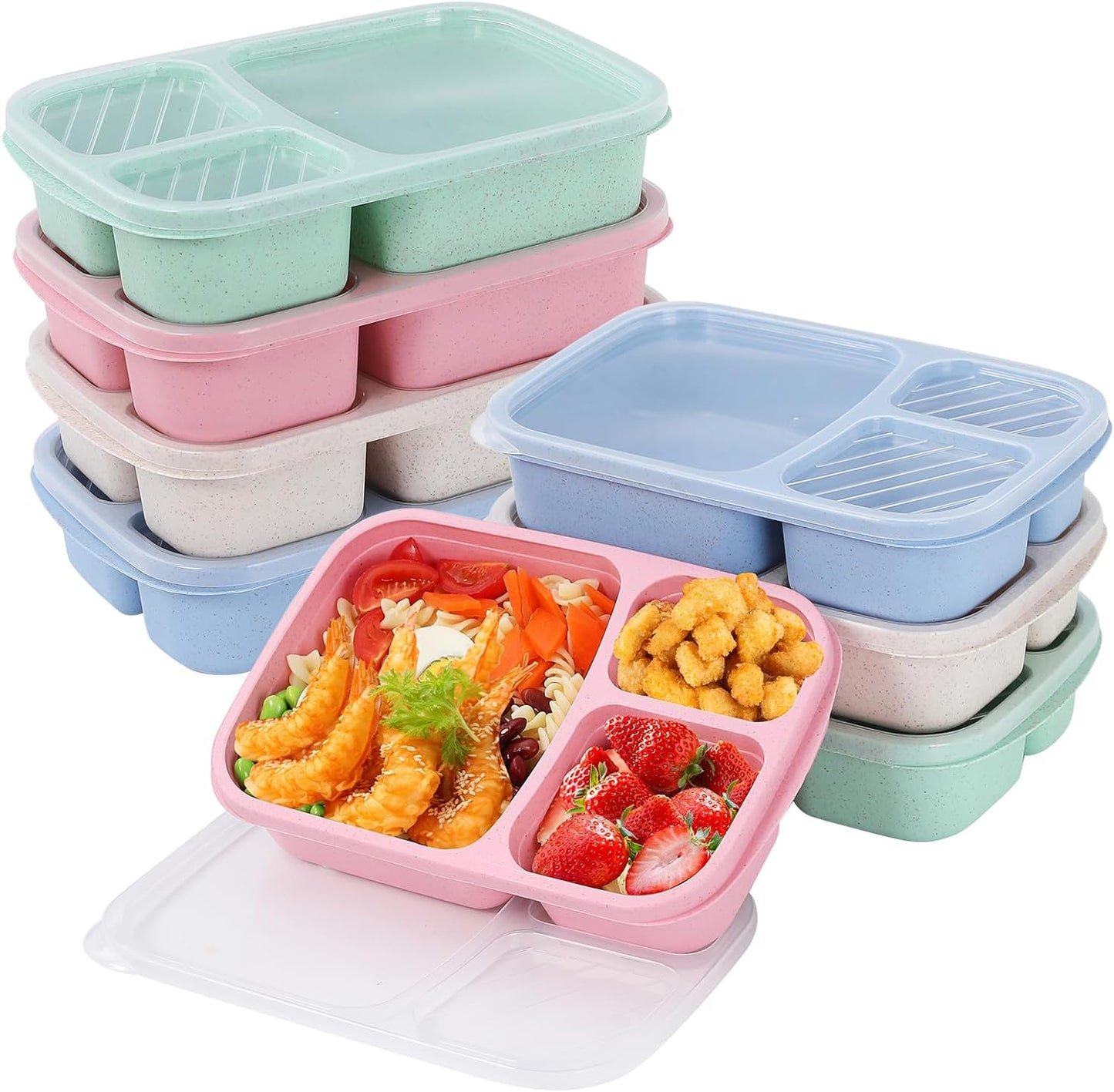 buluker 4 Pack Bento Lunch Box Set 3 Compartment Food Storage Containers Wheat Straw Meal Prep Lunch Box Plastic Food Storage Containers, Microwave and Dishwasher Safe (light colour)