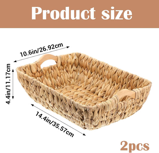 Storage Basket Set of 2 14.4x10.6x4.4 Inch Water Hyacinth Storage Baskets with Wooden Handles Woven Bins for Shelves Natural Handmade Rectangular Organizers for Pantry Bathroom Living Room