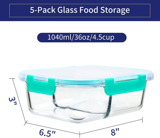 MFY 5-Pack 36 OZ Glass Storage Containers with Lids - 2 Compartment Meal Prep Set, Airtight Glass Lunch Containers, Microwave, Oven, Freezer & Dishwasher Safe, Gray