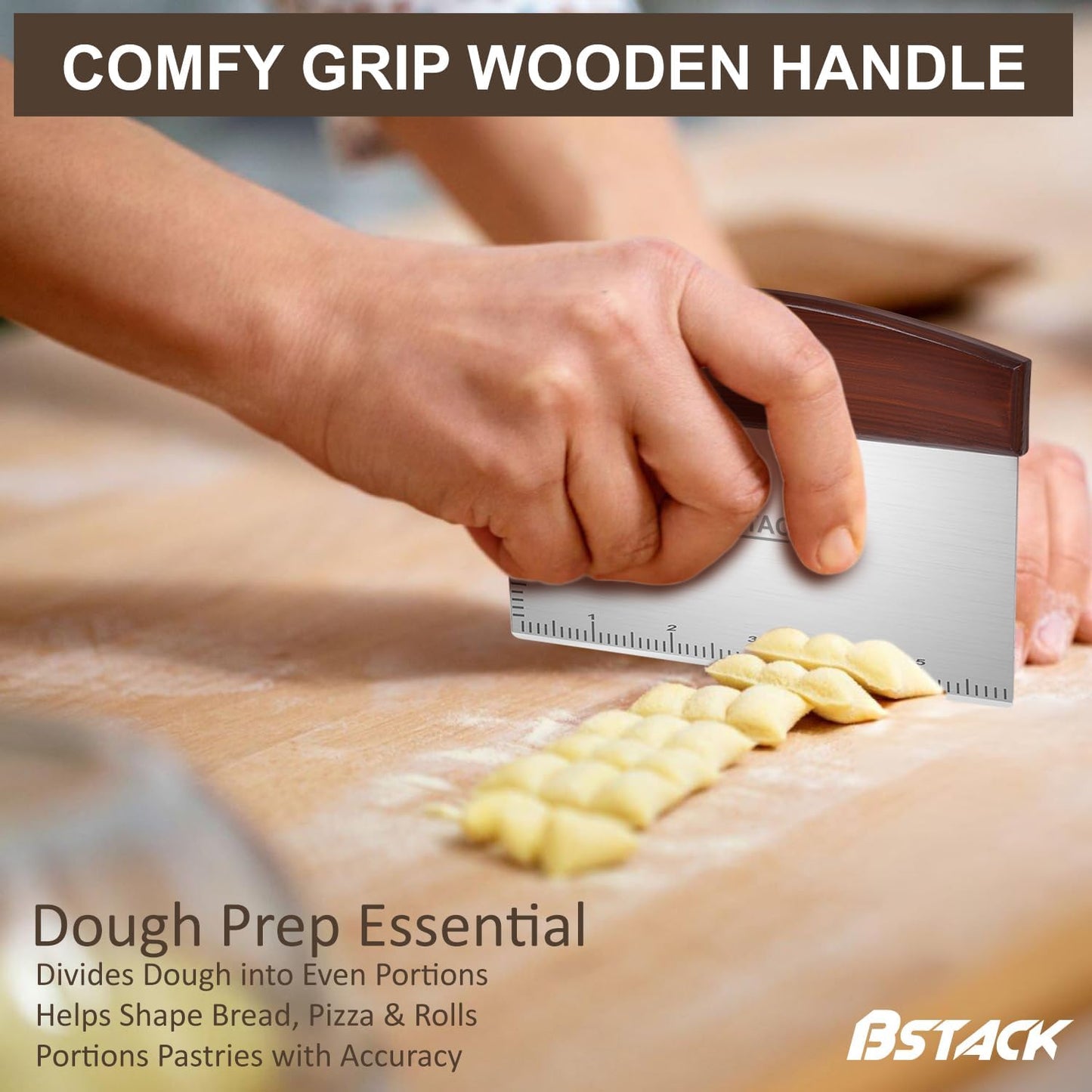 Bench Scraper Stainless Steel Dough Scraper with Ergonomic Wooden Handle Vegetable Chopper for Multipurpose Kitchen use for Pizza, Bread and Cookie Dough Cutter.