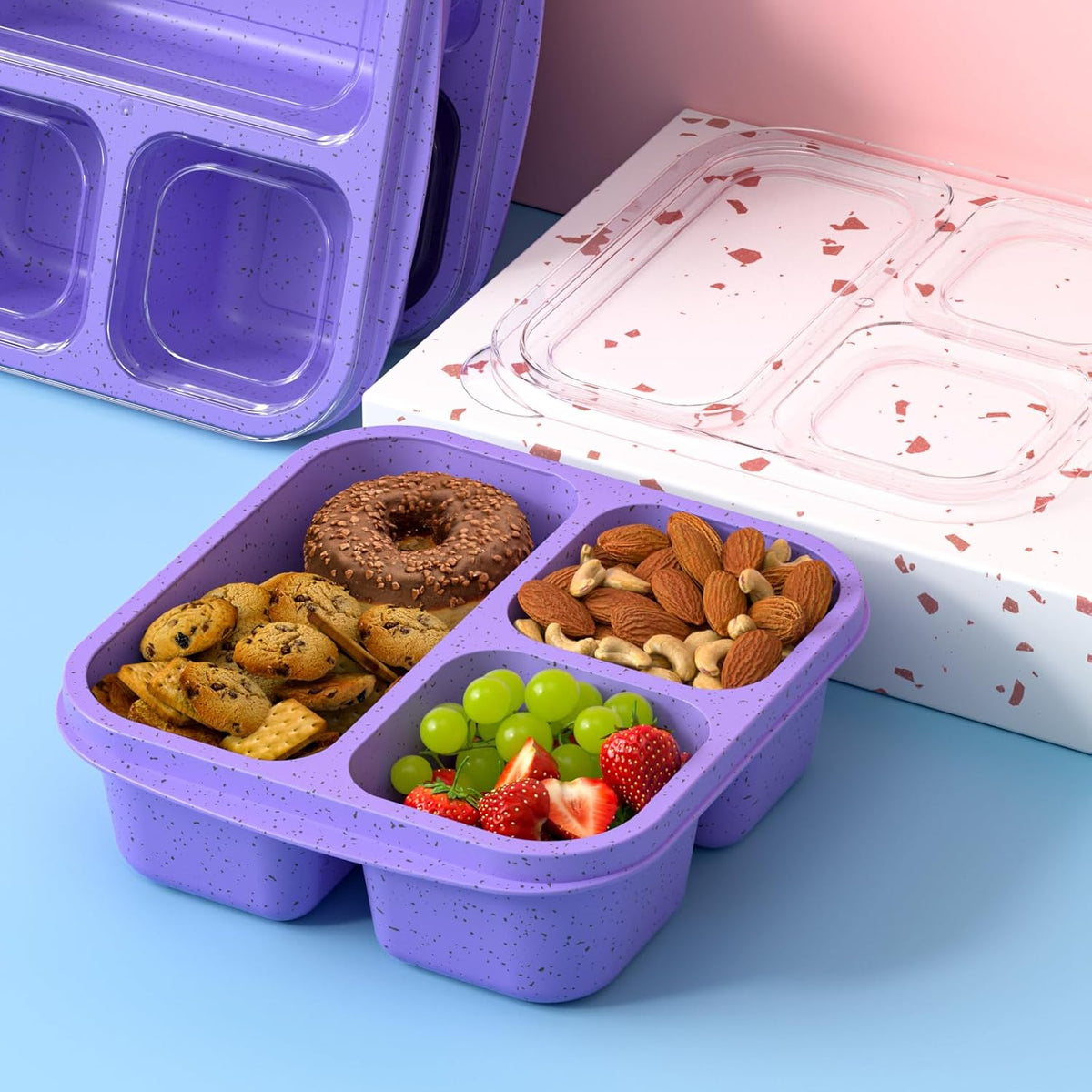 Snack Boxes (3 Pack) - Stackable Bento Boxes with 3 Compartments, Meal Prep Containers Reusable, Lightweight Lunch Containers for Kids and Adults, BPA Free (Blue)