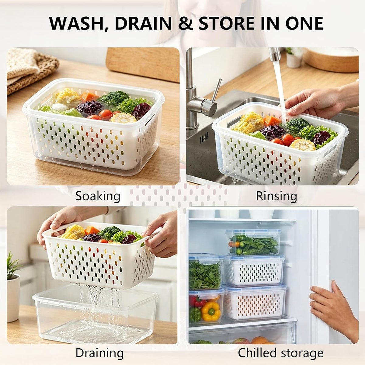 3 Pack Fruit Storage Containers for Fridge with Removable Colander and Lids