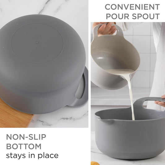 COOK WITH COLOR Nesting Plastic Mixing Bowl Set with Pour Spouts and Handles, Gray, Non-Slip