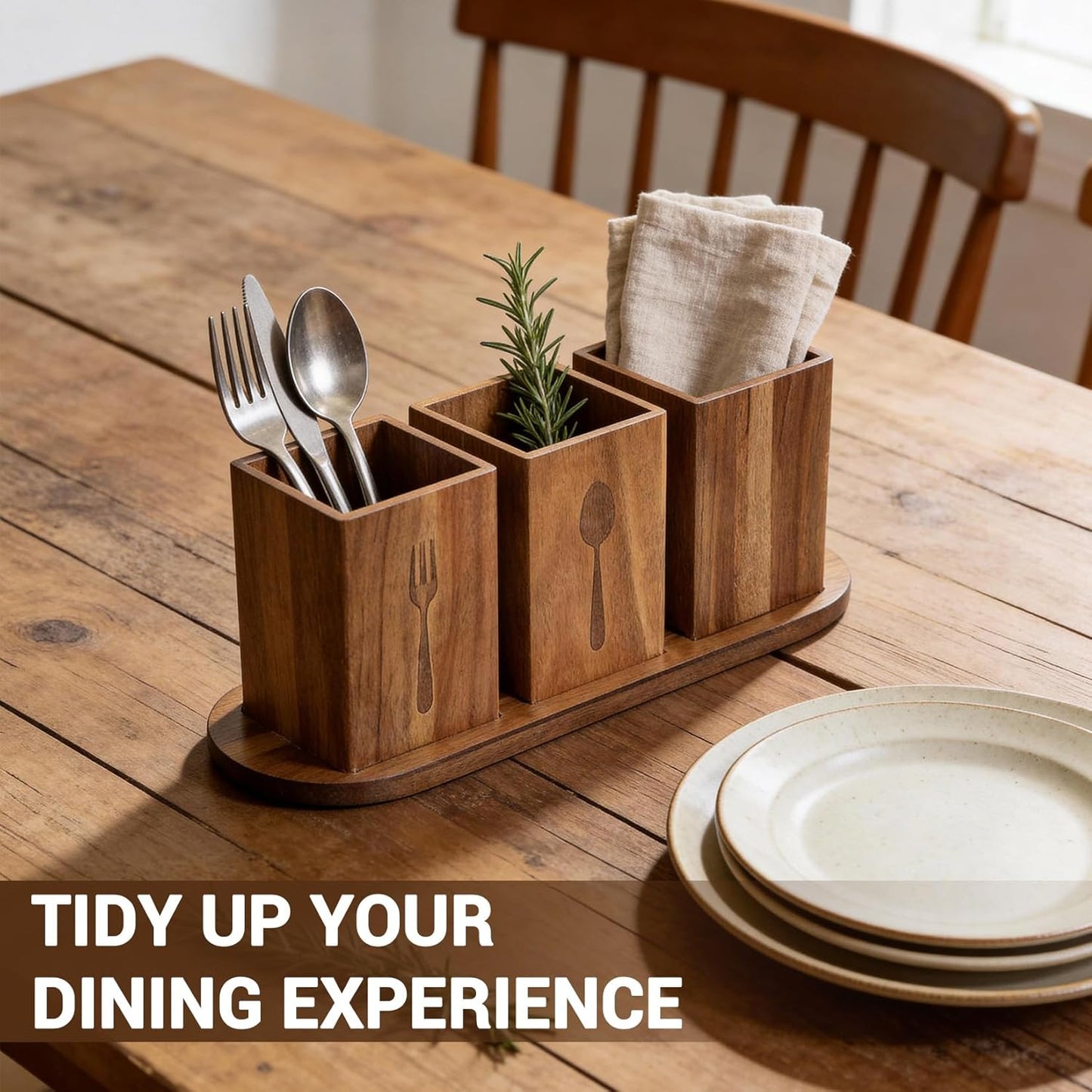 Takywep Acacia Wood Utensil Holder for Kitchen Countertop, Rustic Silverware Caddy Organizer Box, Cutlery Storage for Spoons Forks Knives, Holds Plates & Napkins, Farmhouse Kitchen Counter Organizer