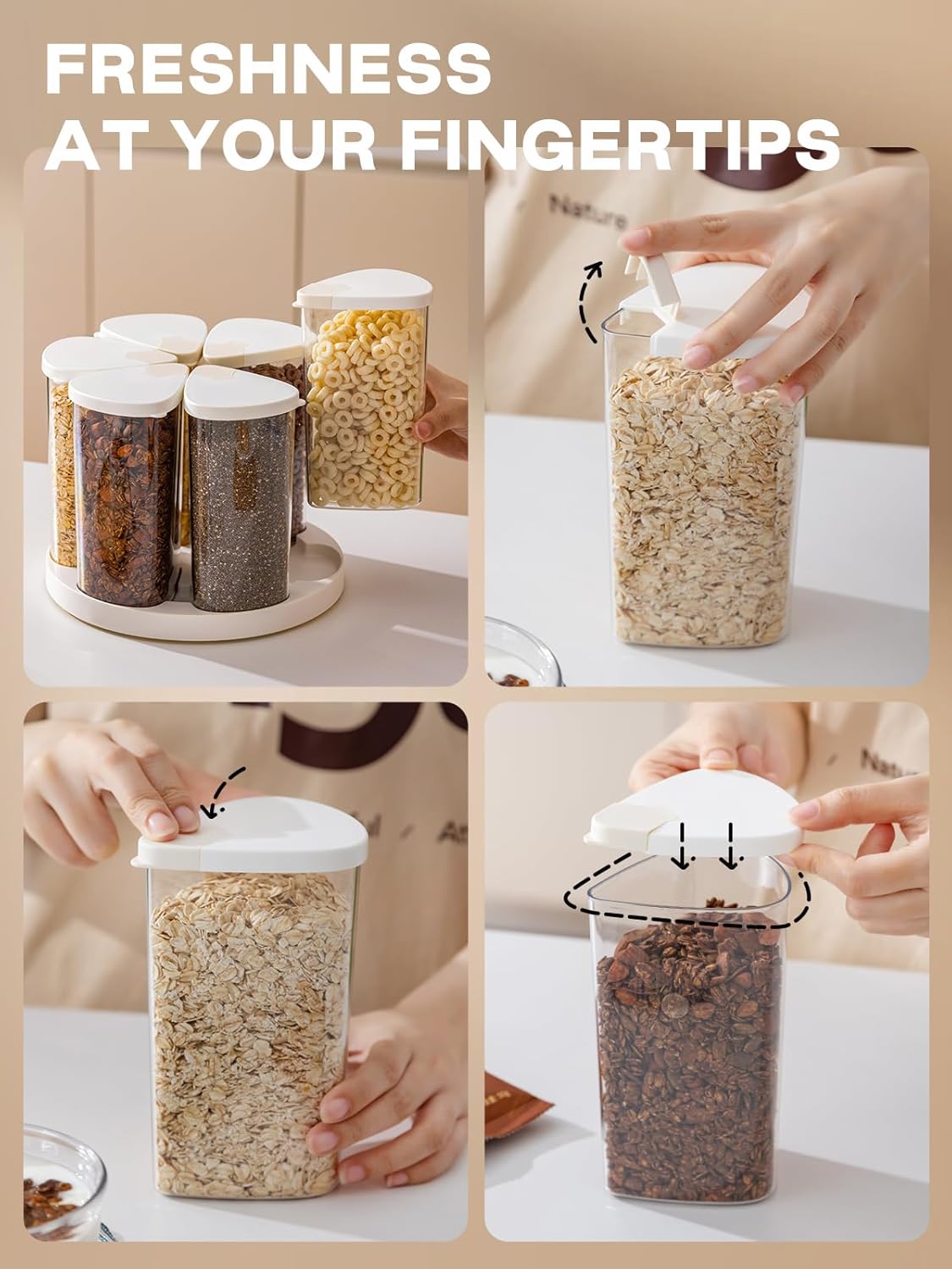 LivLab Mker 5-10 lbs Rice Dispenser - Rotating Cereal dispenser countertop for Pantry - Small Food Storage Containers with Lids, BPA-Free PET Grain Canister Sets 6 Grids, for Oats, Corn Flakes, flour