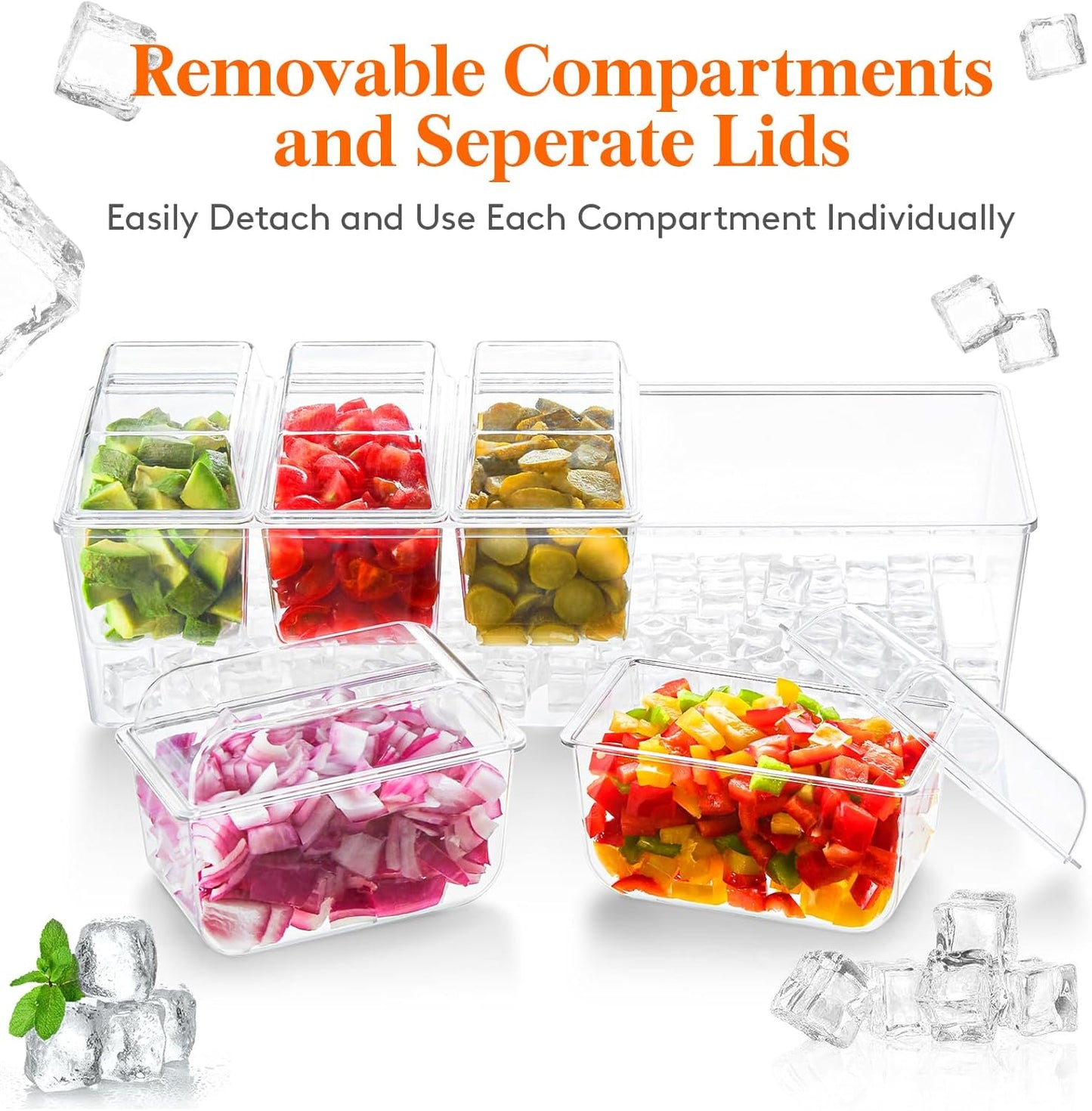Lifewit 2 Pcs Ice Chilled Condiment Caddy with 5x20 oz Containers, Condiment Server with Separate Lid, Serving Tray Platter with Removable Dishes for Bar Fruit Salad Taco Party Garnish, 39 x13cm/15x5