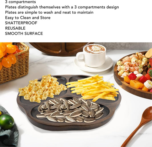 Divided Serving Tray, 3 Compartments Appetizer Snack Dishes Decorative Wooden Serving Platters Chip and Dip Tray for Snack Nut Fruit Veggie