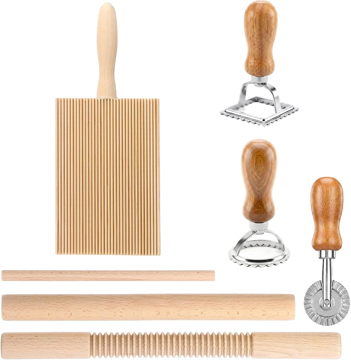 Pasta Making Tools 7Pcs Wood Gnocchi Board Ravioli Stamp Roller