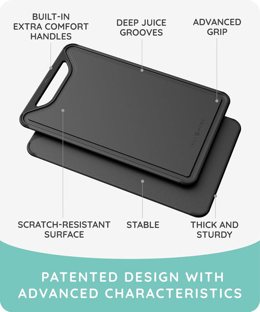 Cutting Boards for Kitchen, Plastic Cutting Board Set of 3, Dishwasher Safe Cutting Boards with Juice Grooves for Meat, Veggies, Fruits, Easy Grip Handle, Non-Slip (Black/Gray)