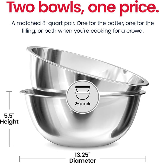 Stock Your Home Large Mixing Bowl, 8 Quart Stainless Steel Bowl, 2 Pack