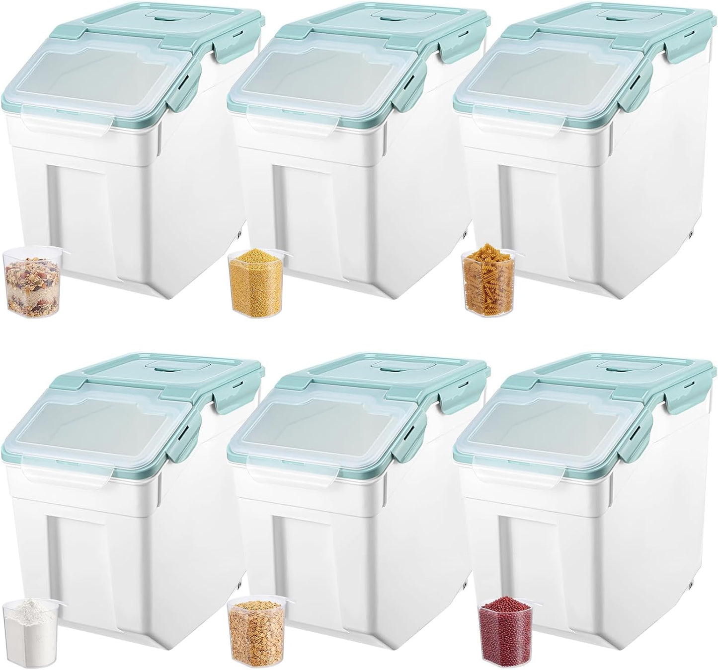 Sunnyray 4 Pcs 55 lbs Grain Rice Storage Container Flour Bin with Wheels Cup Leak Proof Pet Food Storage Boxes Seal Locking Lid Plastic Rice Containers Set for Cereal Flour Cat Dog Food (Green)