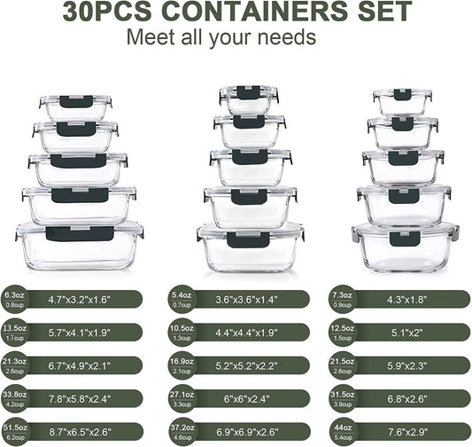KOMUEE 30 Pieces Glass Food Storage Containers Set and 10 Packs 30 oz Glass Meal Prep Containers with Lids, Airtight and BPA-Free