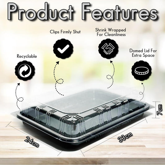 TRAYA Pack of 10 Serving Tray with lid - Reusable Catering Trays with Lids 13inch Long for Meal Prep, Cakes, Treats and Sandwiches (15.35 × 11.42 × 2.95inch)