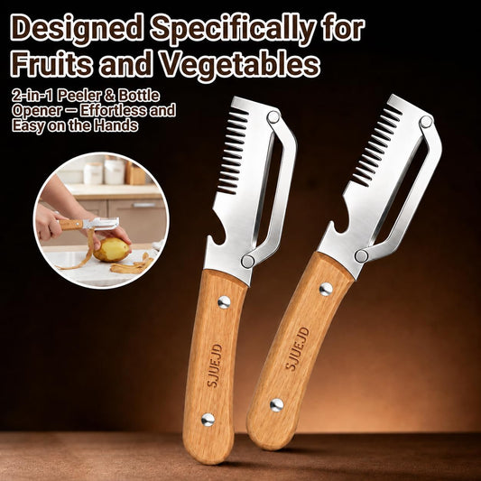 Multifunctional Vegetable Peeler 3 in 1 for Made of Stainless Steel Kitchen Tool Wooden Smooth Handle and Bottle Opener Potato Cucumber Orange Pumpkin Fruit (1PC)