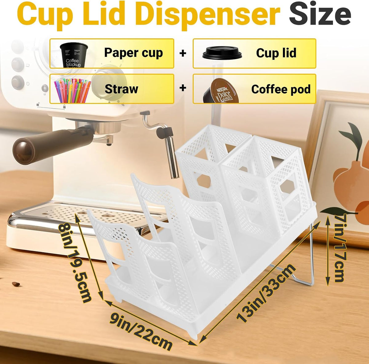 Cup and Lid Holder, Disposable Paper Cup Dispenser with Coffee Pod Straw Storage Basket, Countertop Coffee Cup Holder for Coffee Stations, Bars, Break Rooms, Living Rooms, Parties (Black)