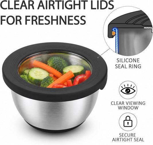 KITEISCAT Stainless Steel Mixing Bowls with Lids – Set of 5 Large Nesting Metal Bowls for Kitchen, Baking, Cooking, Food Prep & Storage, Non-Slip Base, Dishwasher Safe,Black