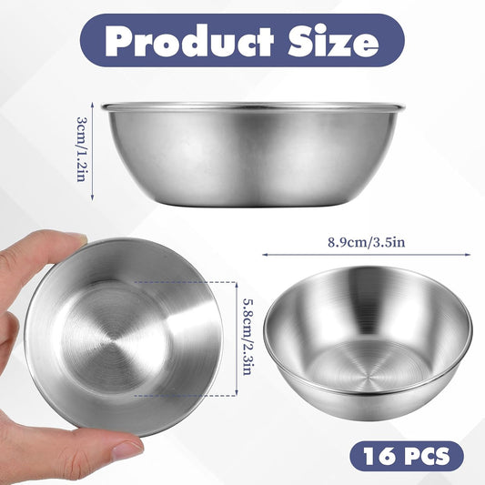 16 Pack Small Stainless Steel Bowl Sauce Dishes 3.5 inch Round Seasoning Dishes Small Sushi Dipping Bowls for Prep Appetizer Plates Set for Kitchen, Reusable and Dishwasher Safe