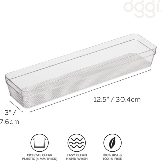 Oggi Clear Drawer Organizer - 3" X 12.5" - Ideal for Organizing Kitchen Drawers, Office, Desk, Silverware, Kitchen Utensils, Cosmetics and Bathrooms