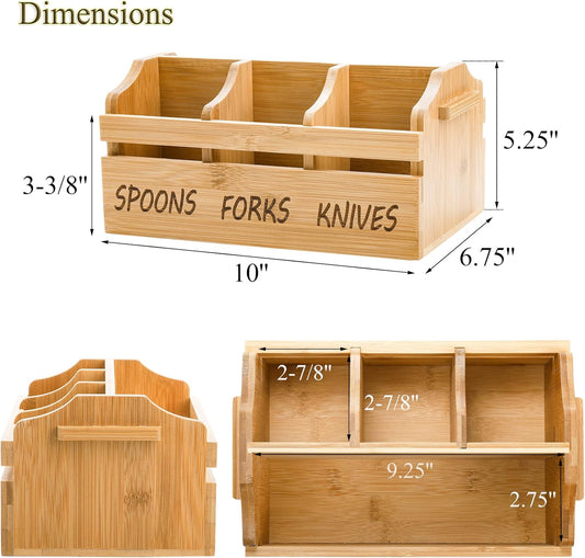 Yesland Bamboo Silverware Caddy Organizer - 4 Compartment Wooden Utensil Holder with Handle for Kitchen Countertop, Party, Forks Spoons Knives Napkins Storage