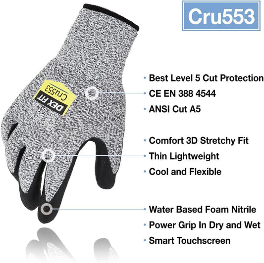 DEX FIT Level 5 Cut Resistant Gloves Cru553, 3D-Comfort Fit, Firm Grip, Thin & Lightweight, Touch-Screen Compatible, Durable, Breathable & Cool, Machine Washable; Grey L (9) 1 Pair