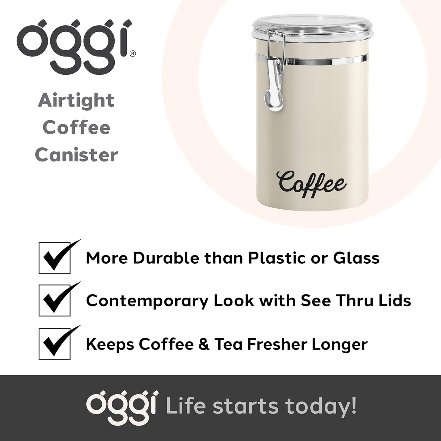 Oggi Stainless Steel Sugar Canister 62 fl oz - Airtight Clamp Lid, Clear See-Thru Top - Ideal Sugar Container for Countertop, Sugar Jar, Bulk Sugar Storage. Large Size 5" x 7.5".