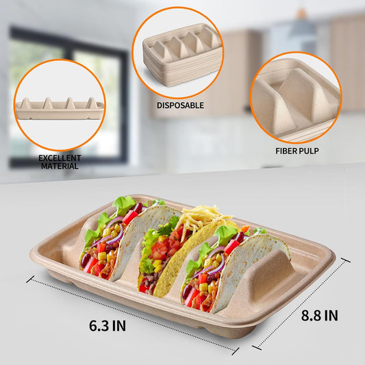15PCS Disposable Taco Holders for Party, Premium Paper Taco Plates with Dividers, Fiesta Taco Tray Holder, Taco Stands for 3 Tacos, Taco Tuesday Lazy Susan Taco Bar Serving Set for a Party