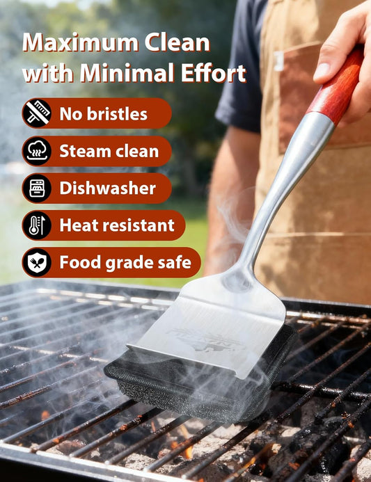 Bristle-Free Grill Brush for Outdoor Grill, Steam Cleaning Grill Brush Bristle Free with 1 Replaceable Brush Heads, Steel Fibers Pad for Cast Iron/Stainless-Steel Grates