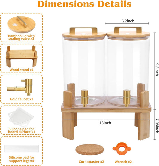1.5 Gallon 2 PACK Glass Drink dispenser, Beverage Dispenser With Wood Stand, Lemonade Dispenser with Airtight Valve and Stainless Steel Spigot,Drink Dispenser for Parties
